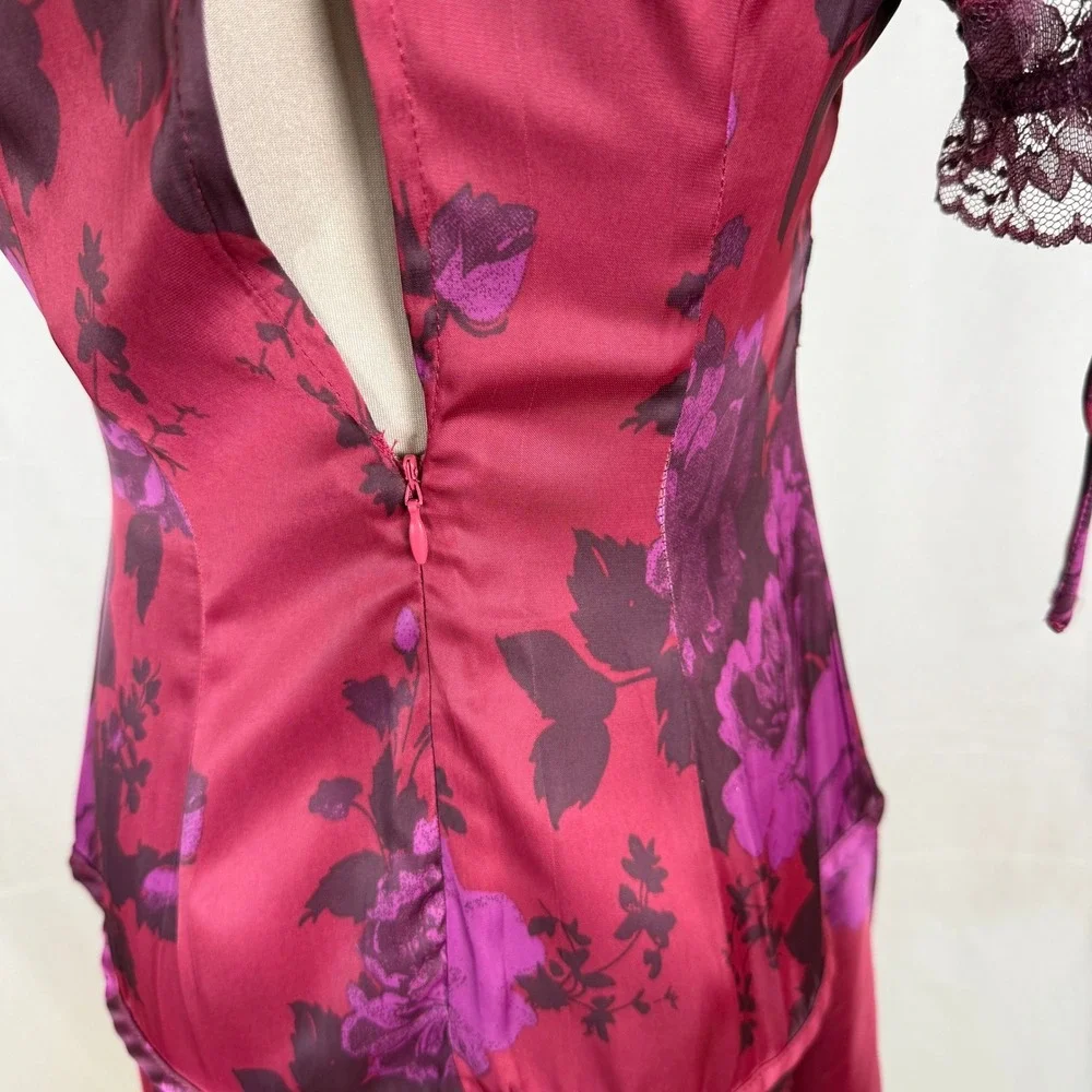 NWT Free People Jos Printed Satin Mini Dress Berry Combo Lace XS FLAWS